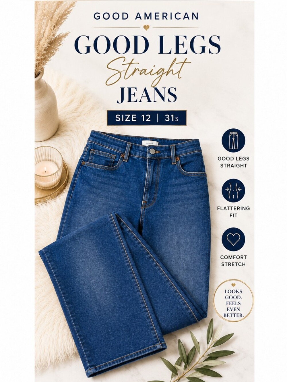 Good American Good Legs Straight Jeans Size 12/31 Mid Rise Blue Stretch Denim